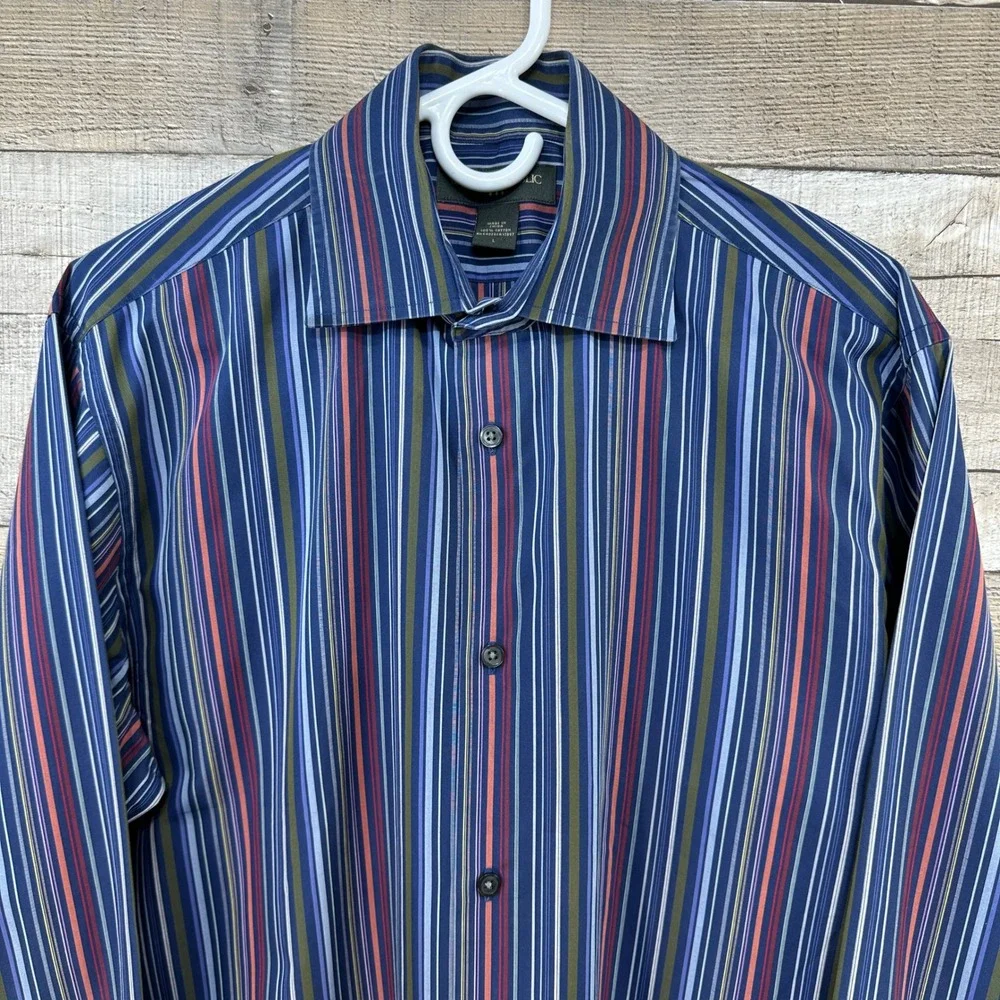 Banana Republic Mens Navy Red Green Stripe Button Up Dress‎ Shirt Large Cotton